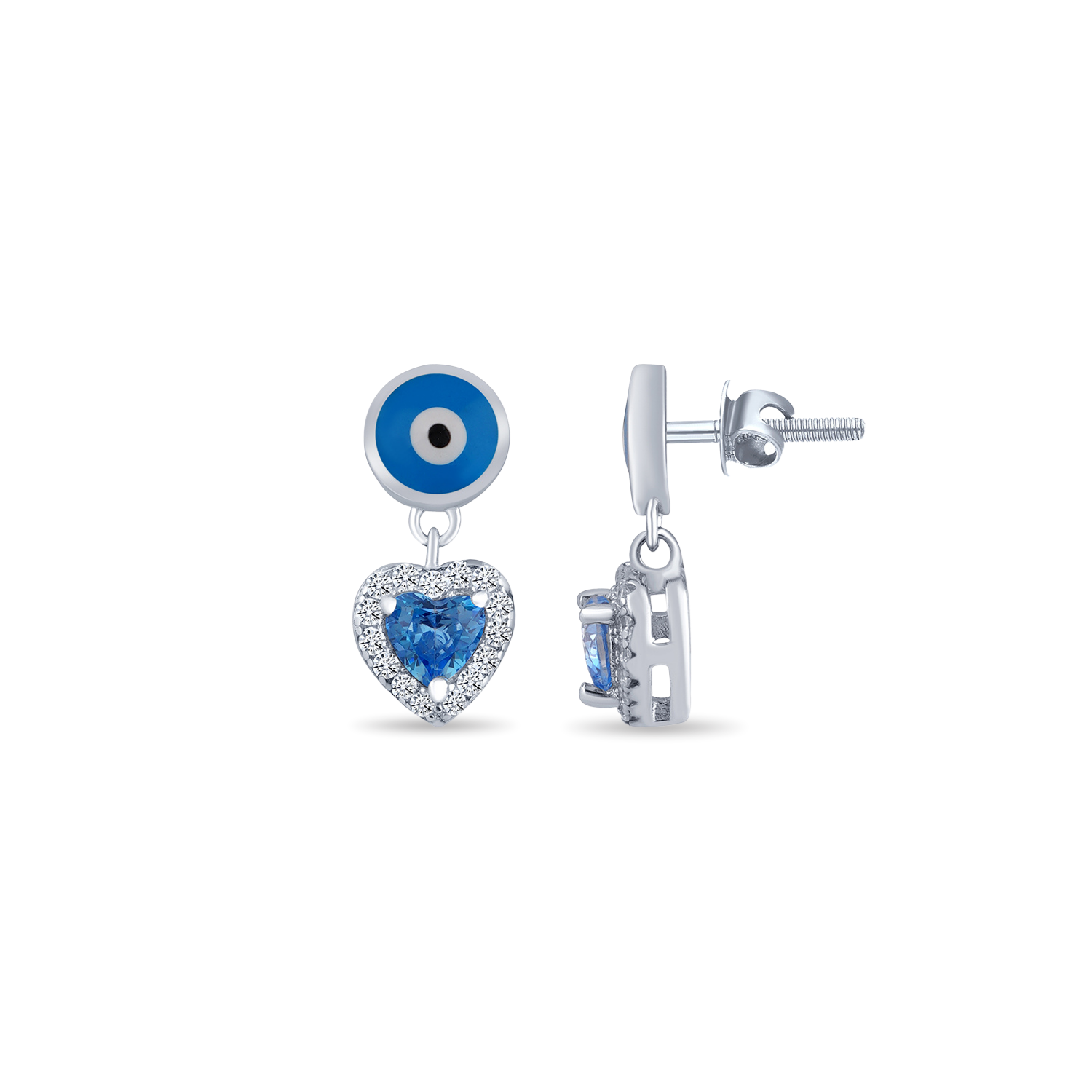 Sterling Silver Heart Drop Evil Eye Stud Earring
