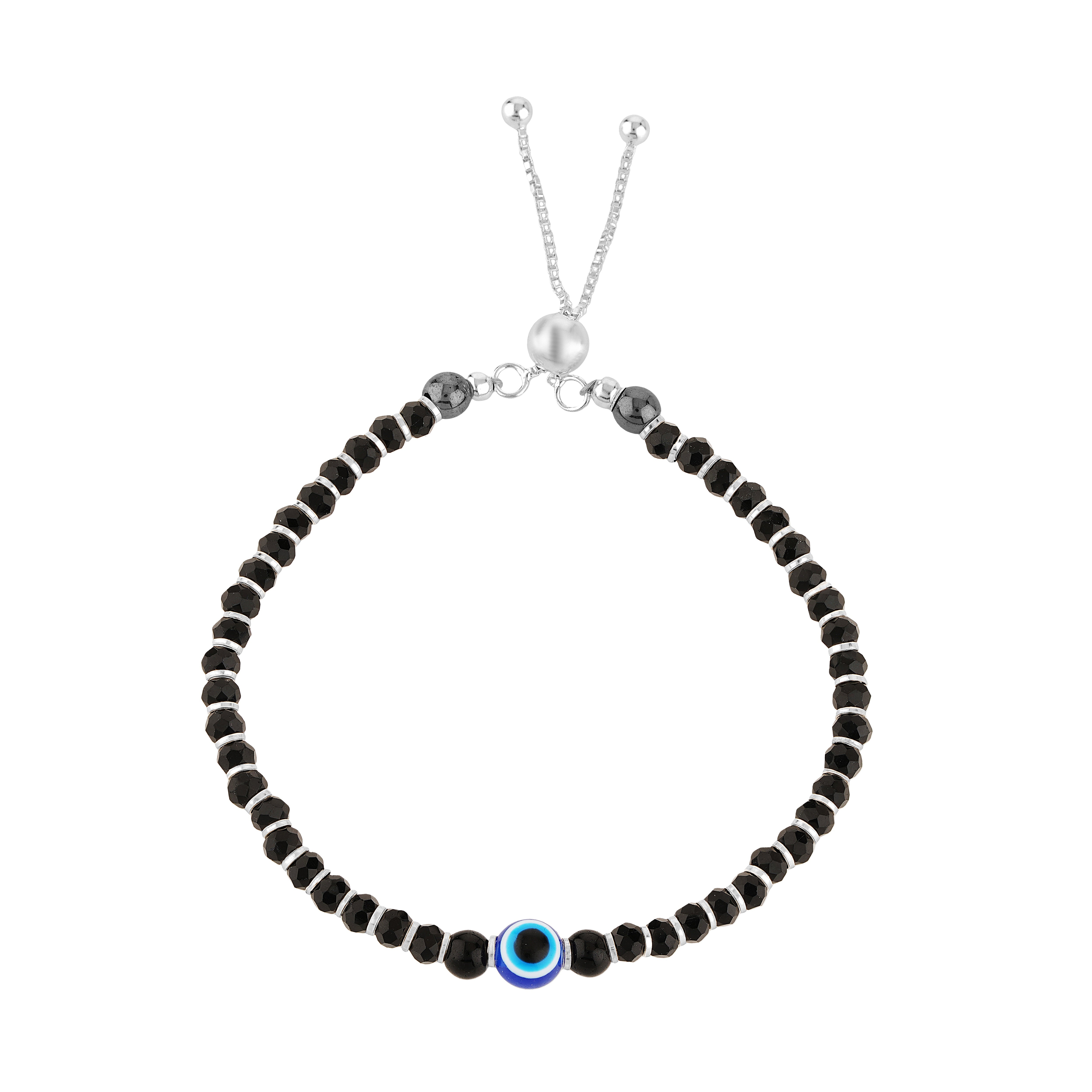 92.5 Sterling Pure Silver (Chandi) Adjustable Evil Eye Nazariya Bracelet With Silver Balls