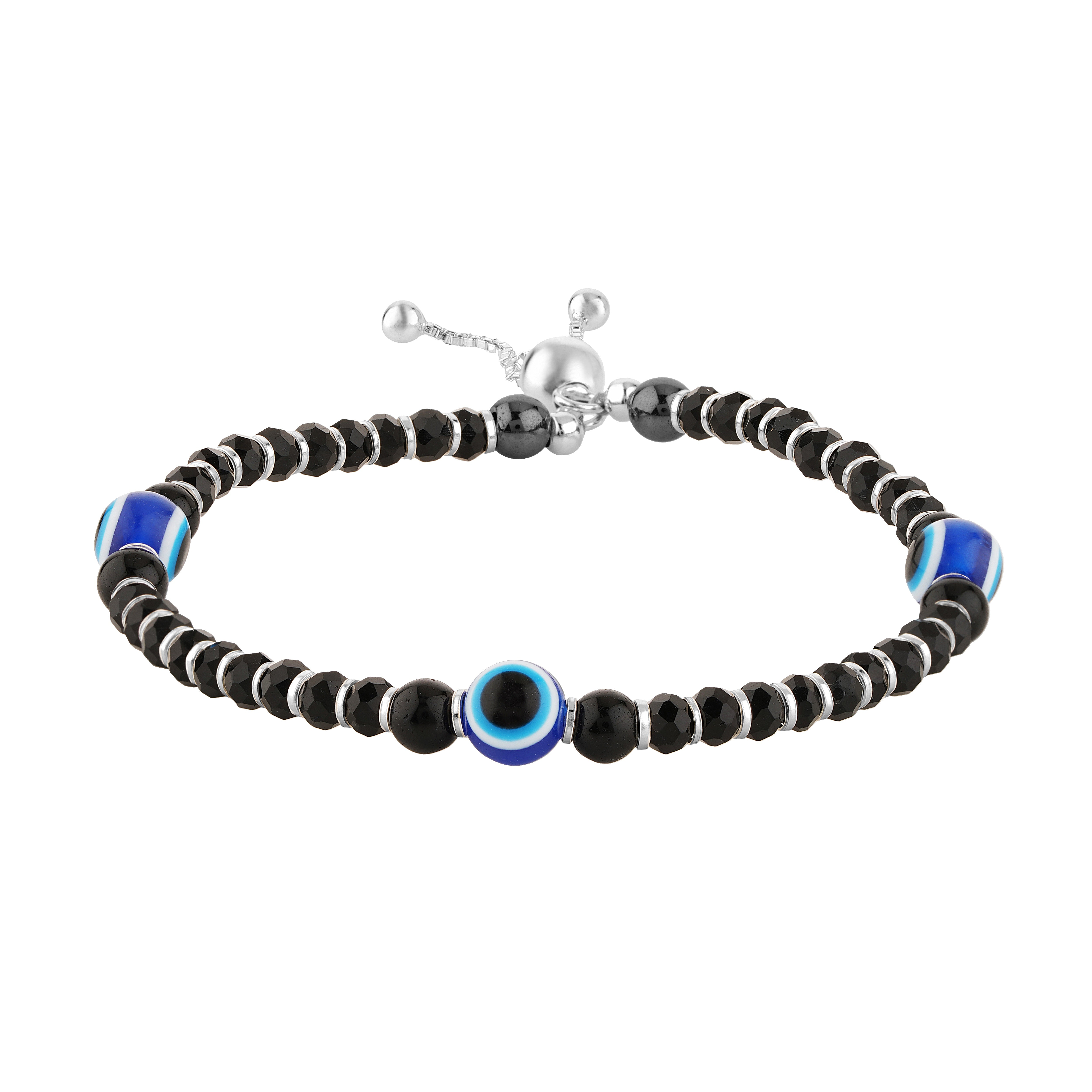 92.5 Sterling Pure Silver (Chandi) Adjustable Evil Eye Nazariya Bracelet With Silver Balls