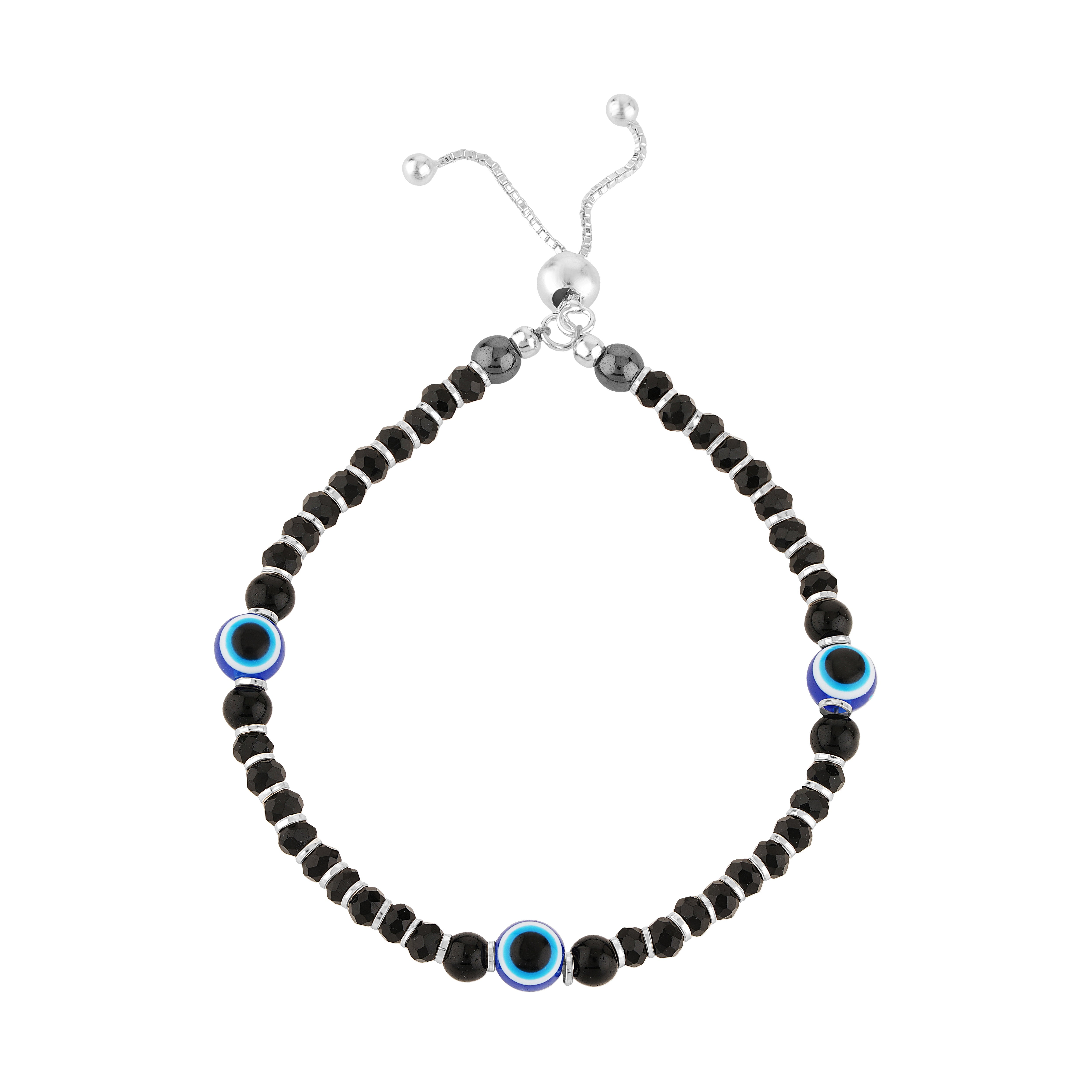 92.5 Sterling Pure Silver (Chandi) Adjustable Evil Eye Nazariya Bracelet With Silver Balls