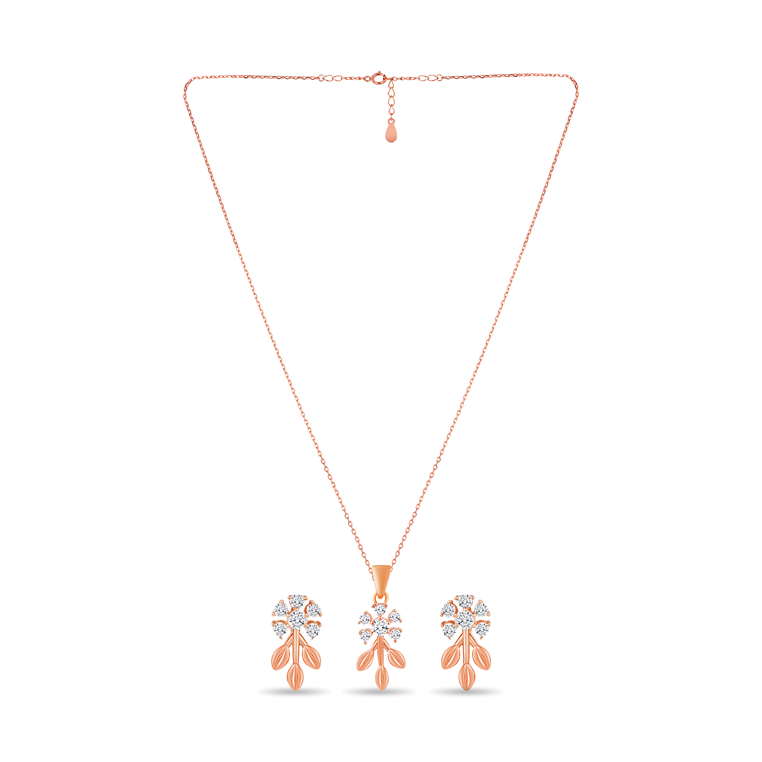 Floral and Leaves Sterling Silver CZ Pendant Set