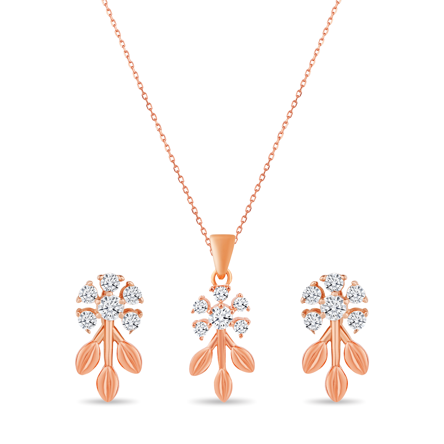 Floral and Leaves Sterling Silver CZ Pendant Set