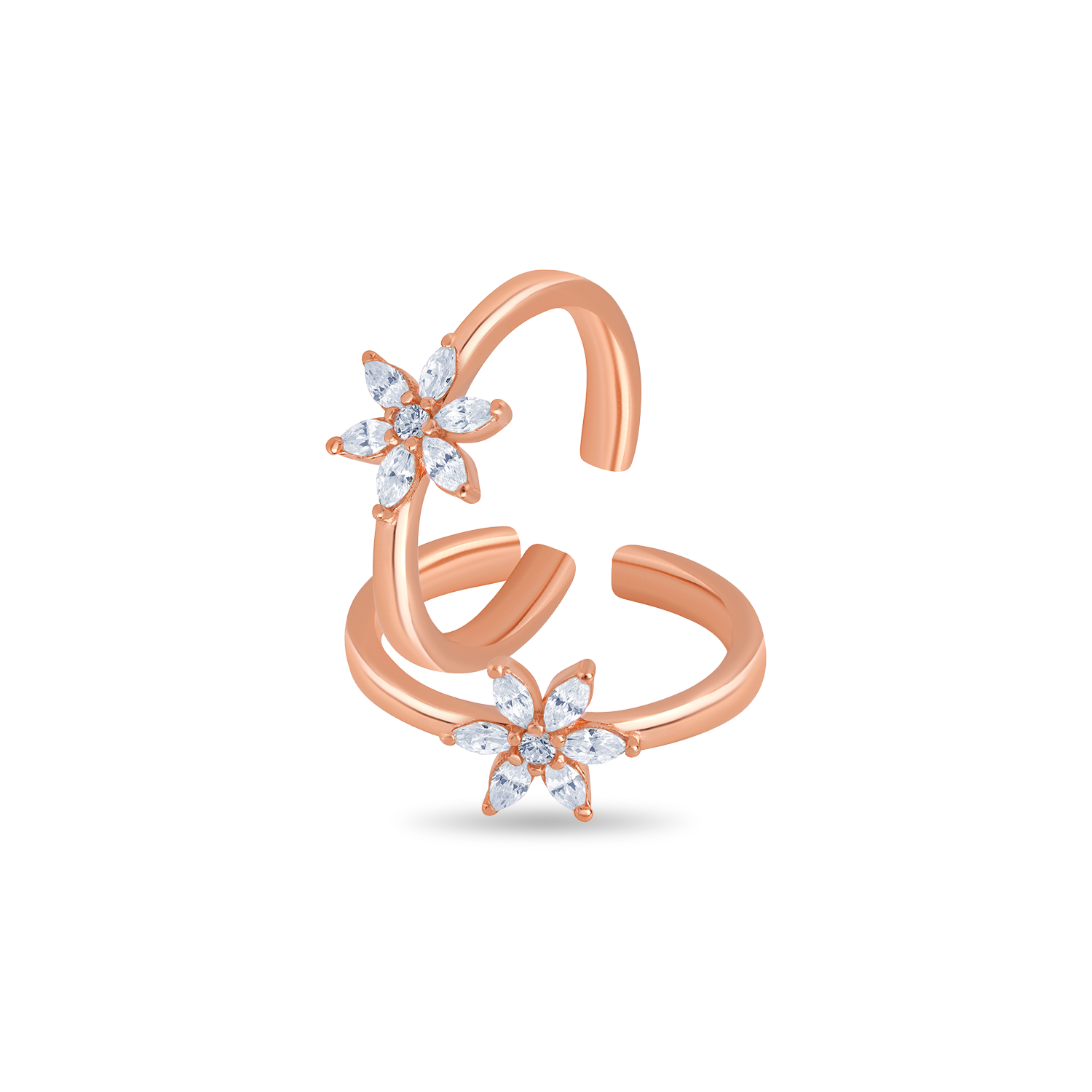925 Sterling Silver Pair of Adjustable Floral Rose Gold Toe Rings
