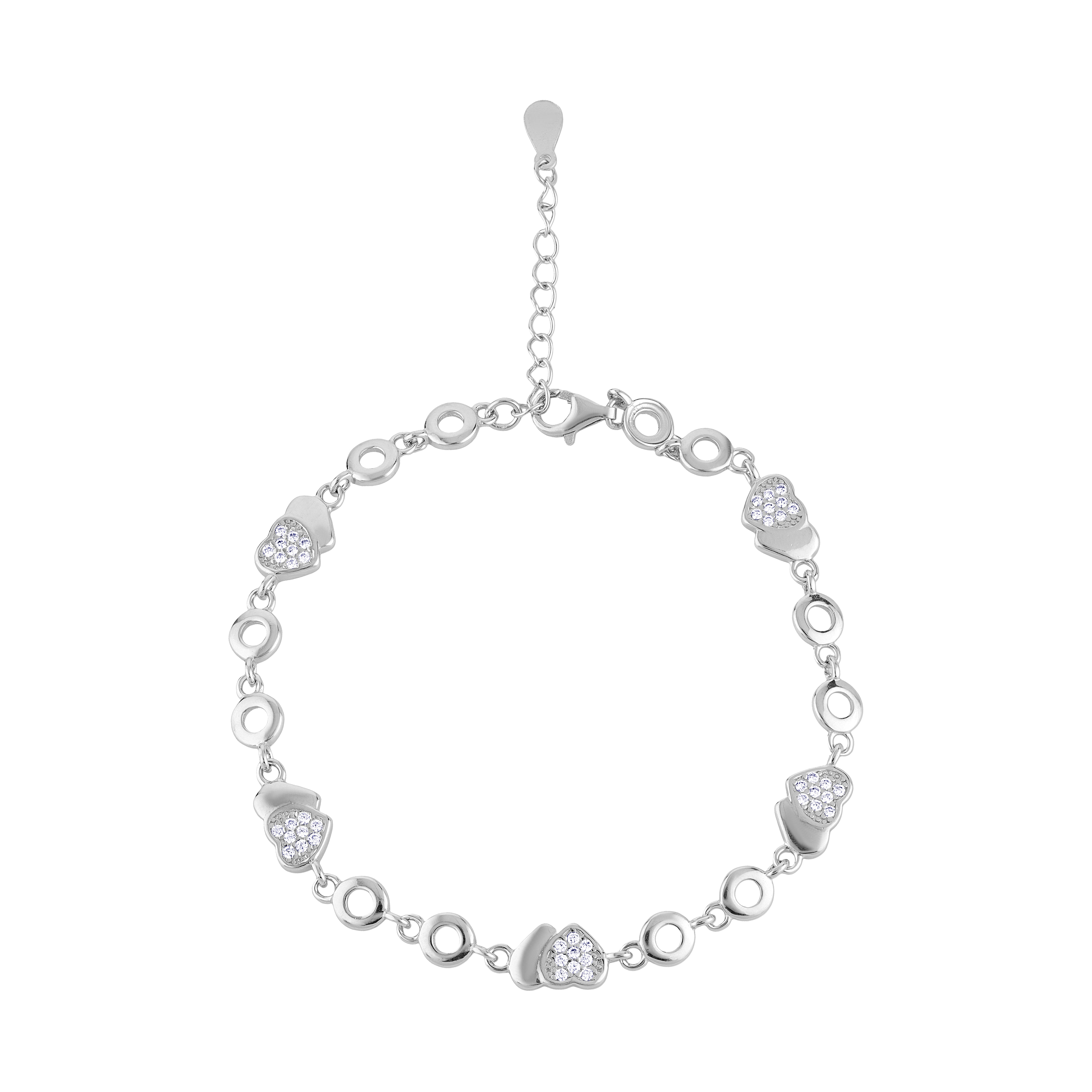 Dual Heart Link Cubic Zirconia Sterling Silver Adjustable Bracelet