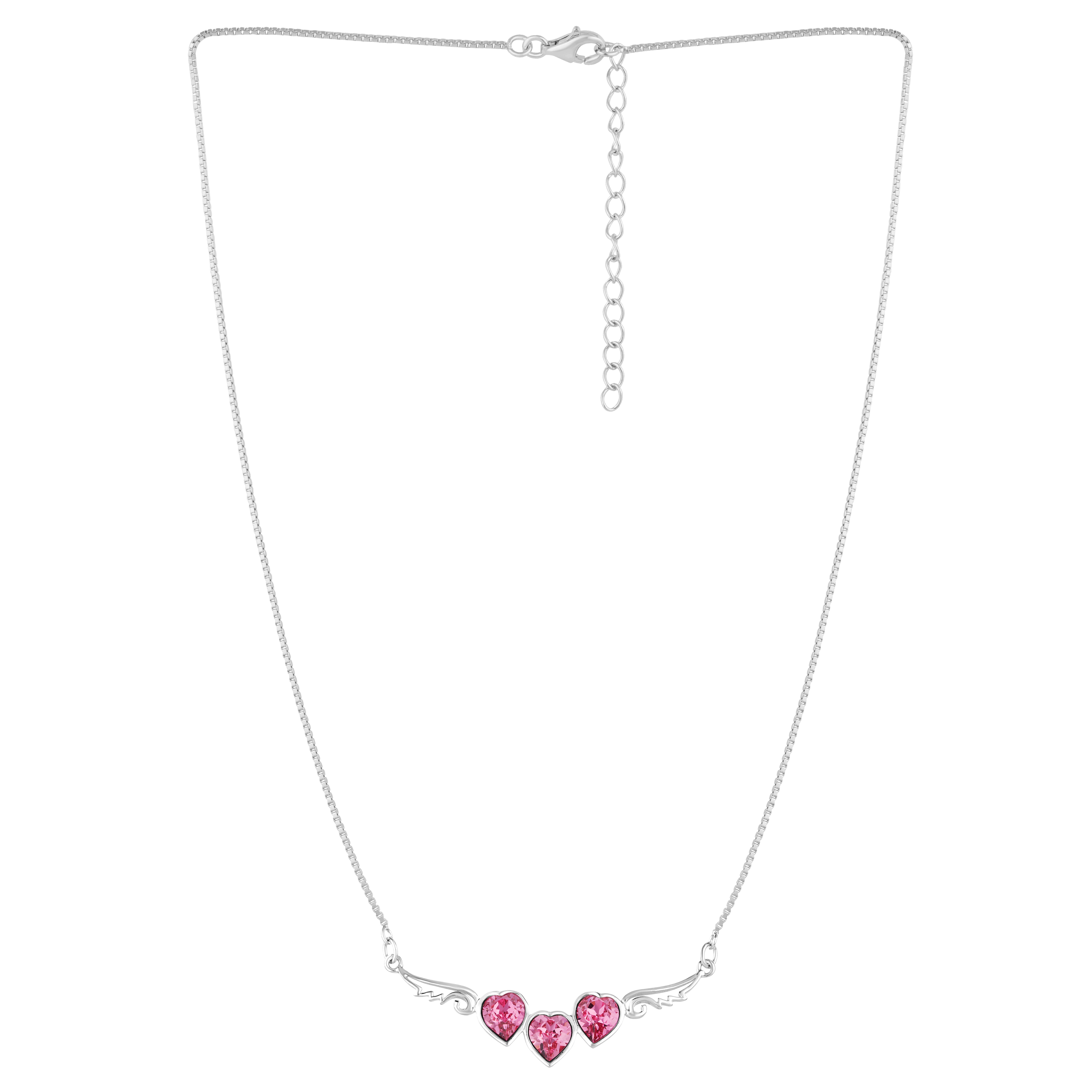 925 Sterling Silver Pink CZ Heart with Angel Wings-Shaped Pendant Necklace
