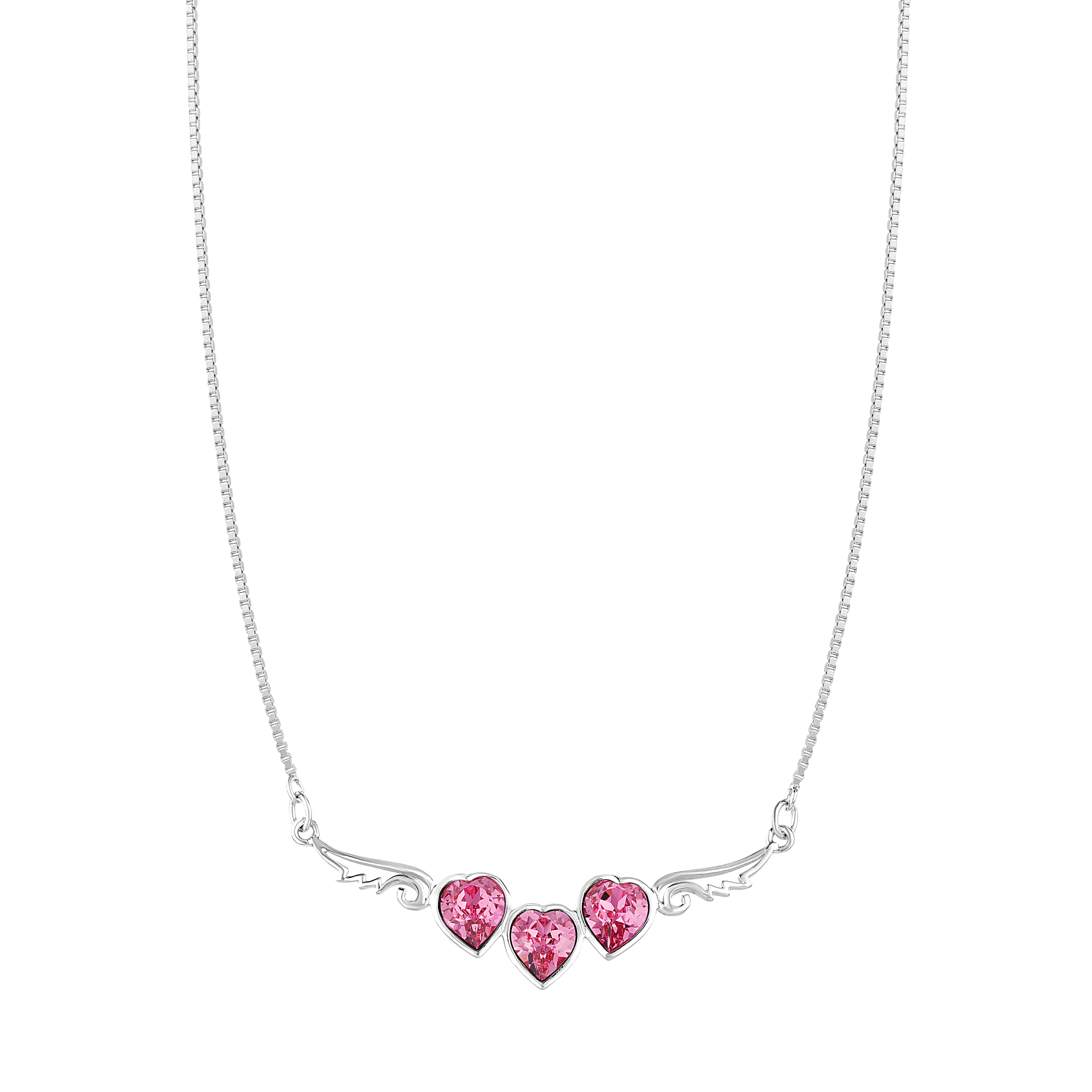 925 Sterling Silver Pink CZ Heart with Angel Wings-Shaped Pendant Necklace