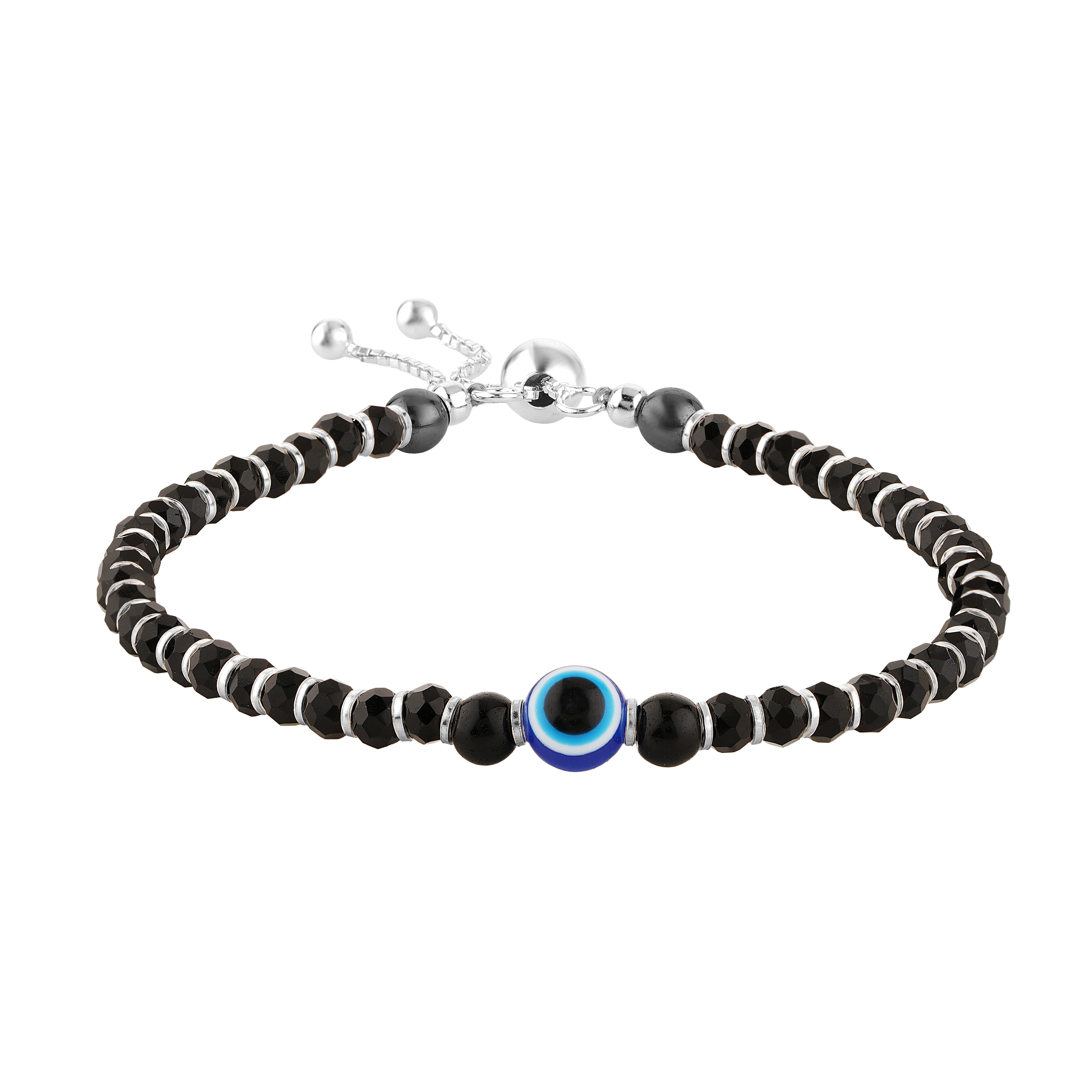 92.5 Sterling Pure Silver (Chandi) Adjustable Evil Eye Nazariya Bracelet With Silver Balls