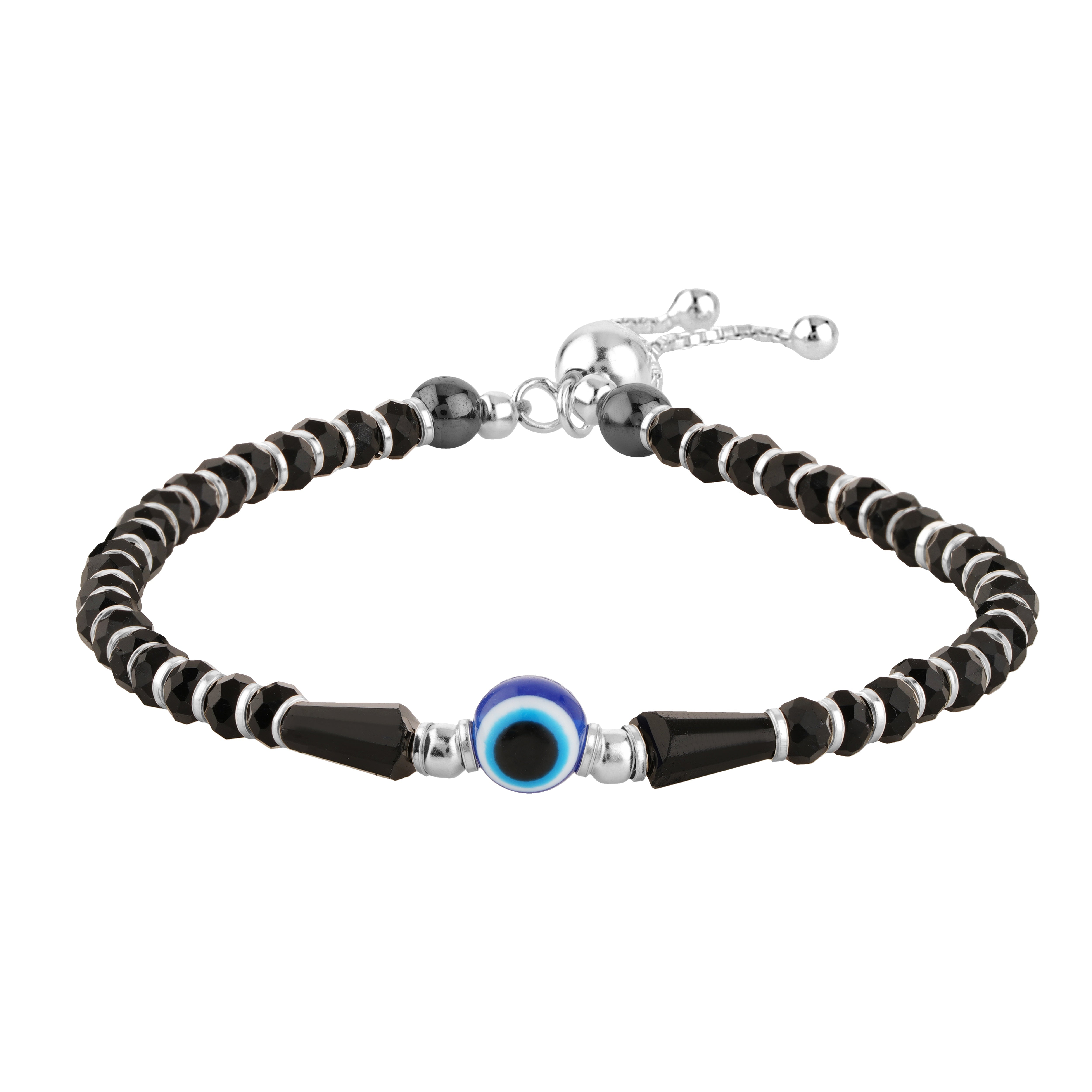 92.5 Sterling Pure Silver (Chandi) Adjustable Evil Eye Nazariya Bracelet With Silver Balls
