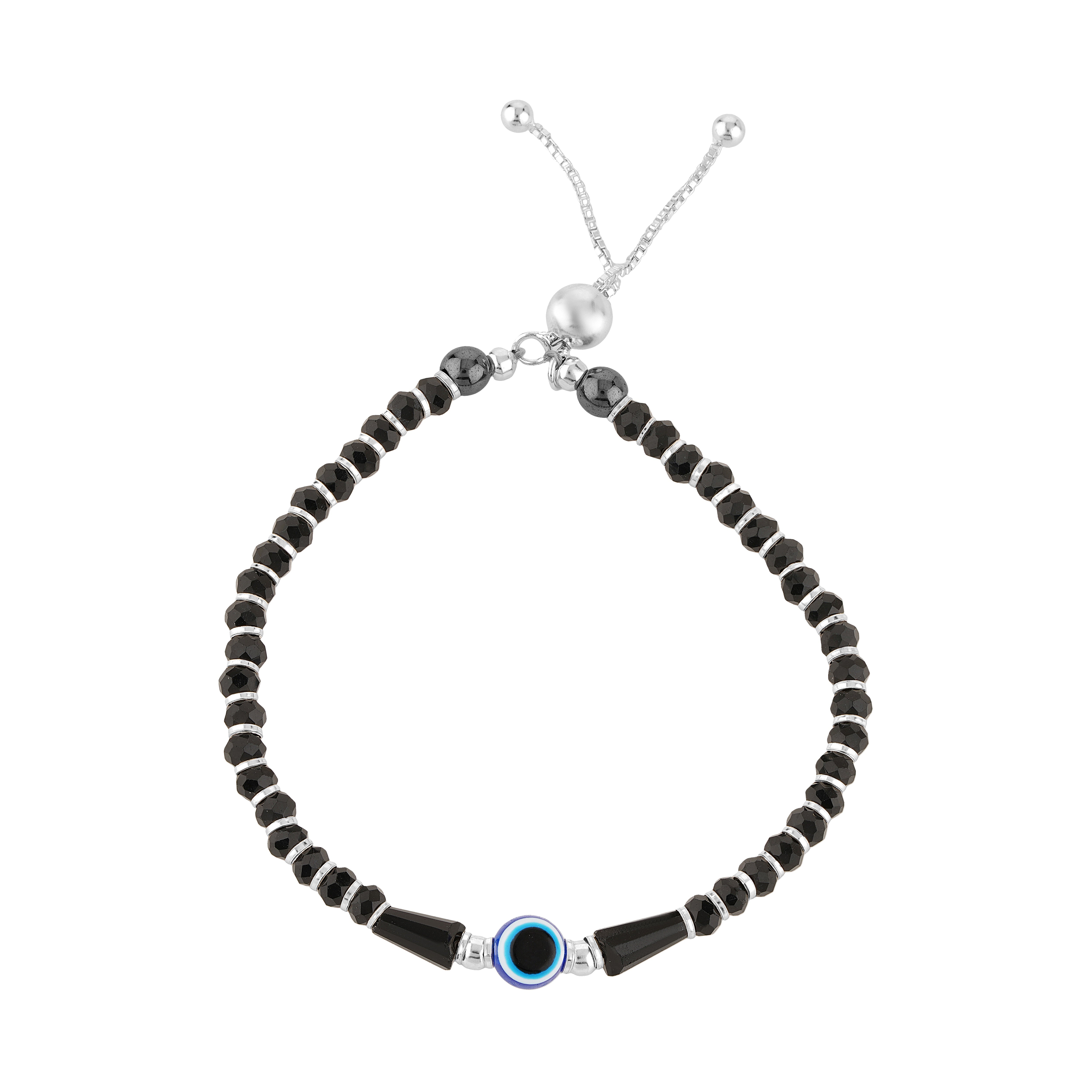 92.5 Sterling Pure Silver (Chandi) Adjustable Evil Eye Nazariya Bracelet With Silver Balls