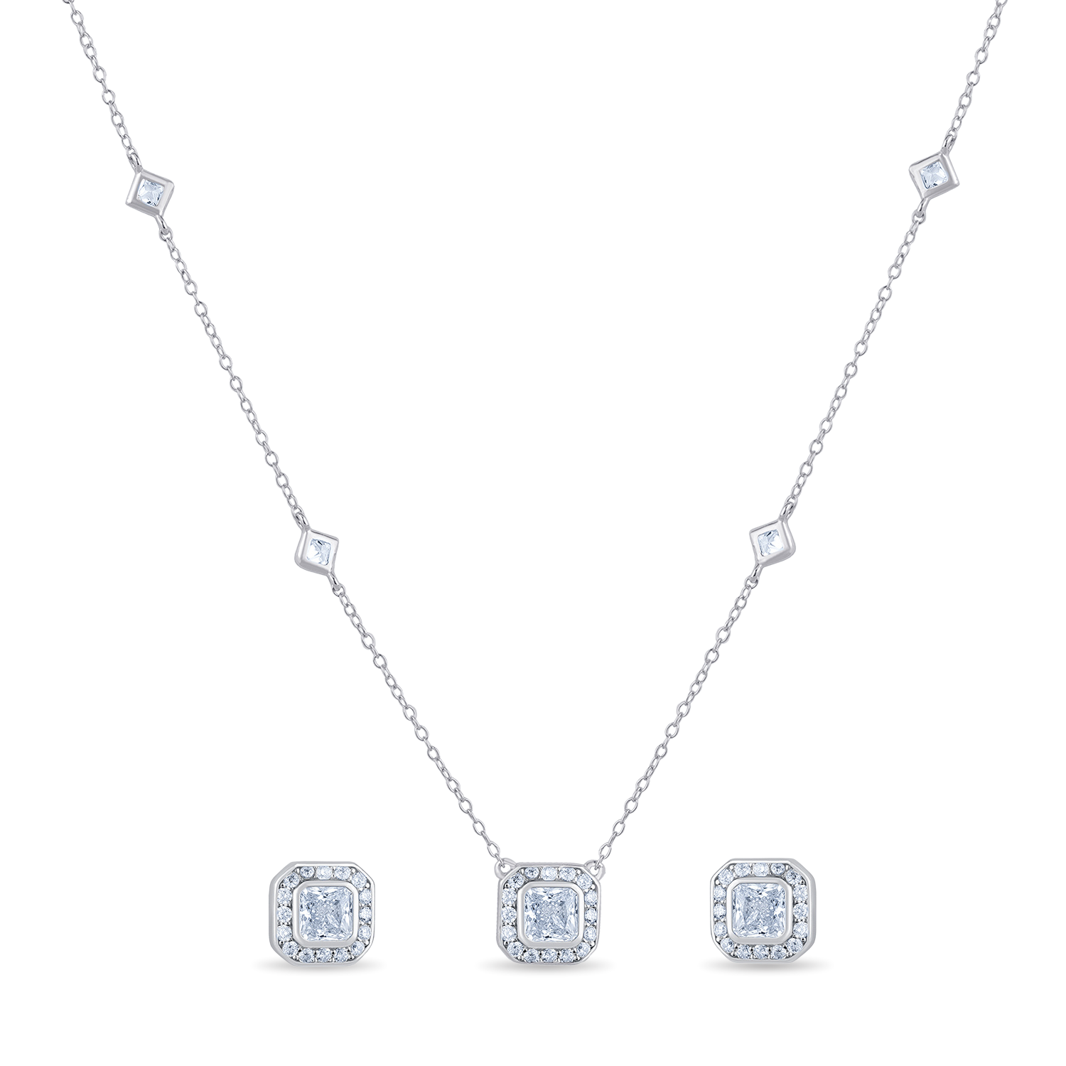 Tiny Square Shape CZ Stone Necklace Set