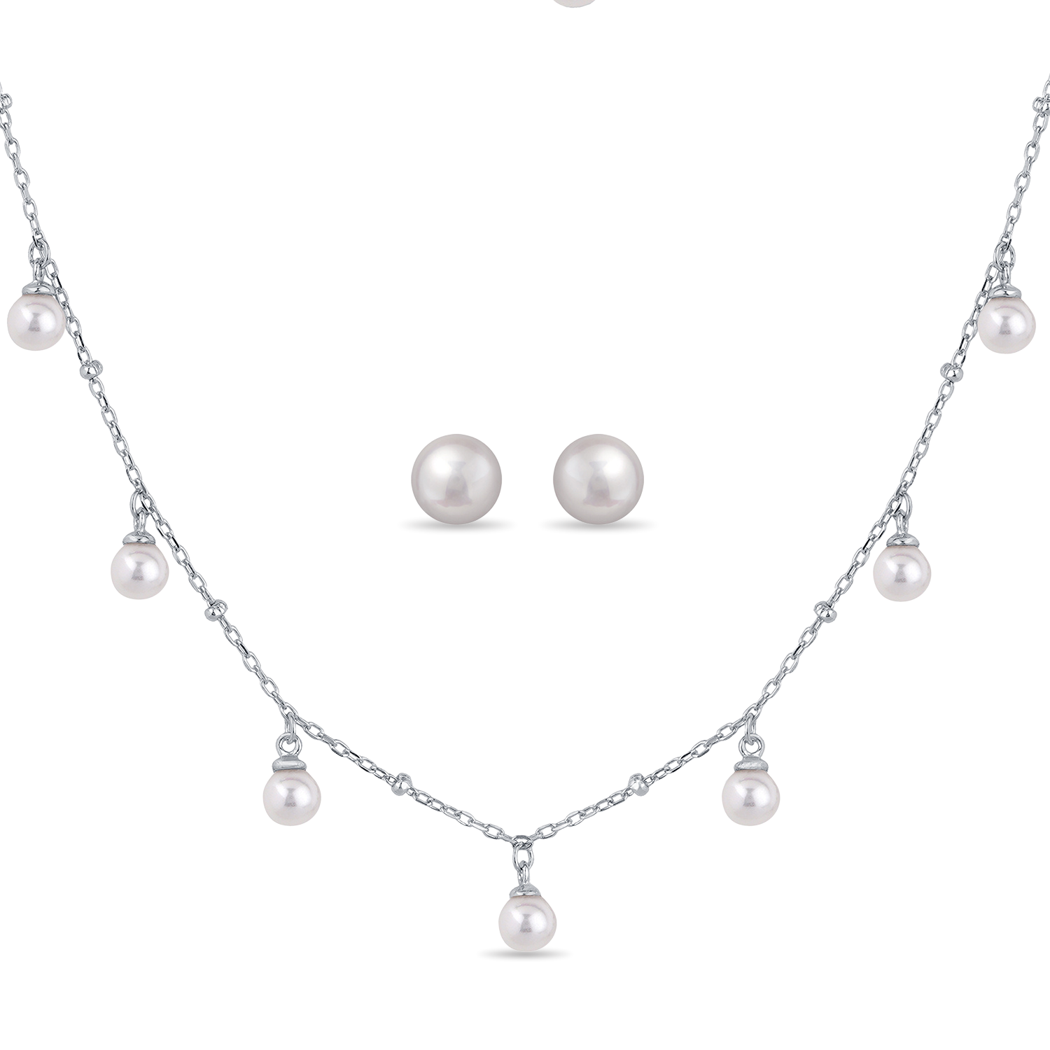 Sterling Silver Hanging Pearl Necklace Set