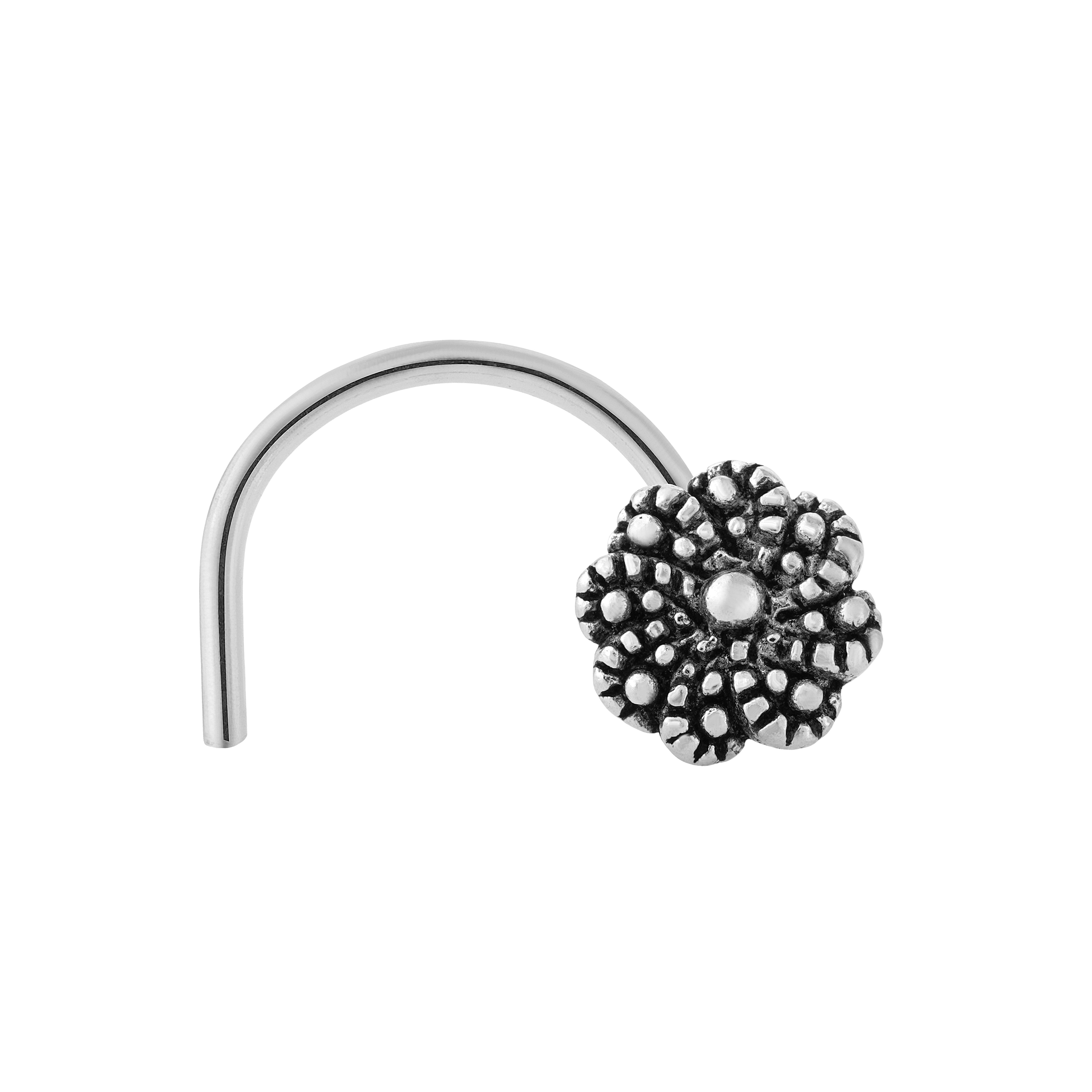 92.5 Sterling Pure Silver (Chandi) Oxidised Floral Nose Pin